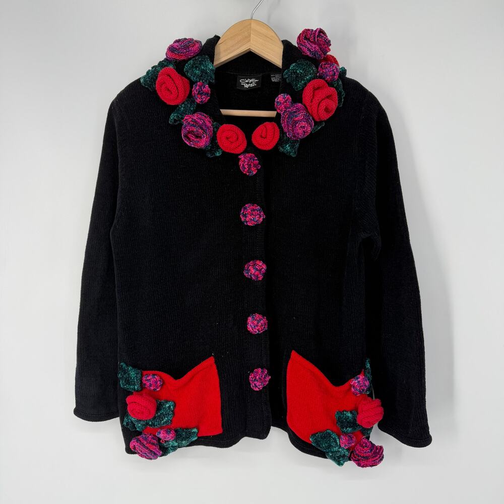 Christina Rotelli Vintage 90's Cardigan Floral Rosette Chunky Chenille Sweater